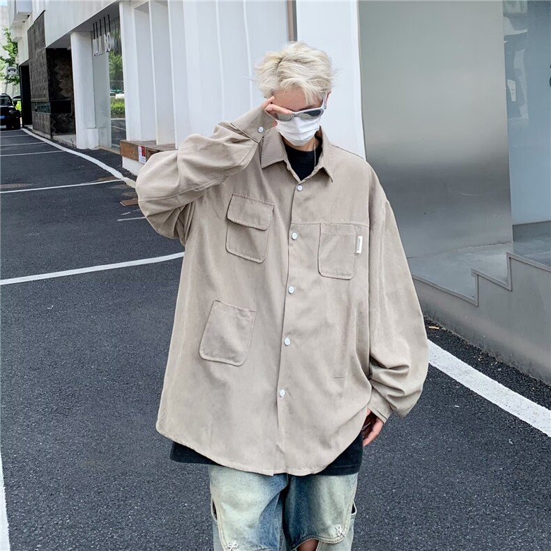日系男装春秋复古质感多口袋工装衬衣大地色中性长袖衬衫男C113,男装衬衫,星座1116A-1（原606A）