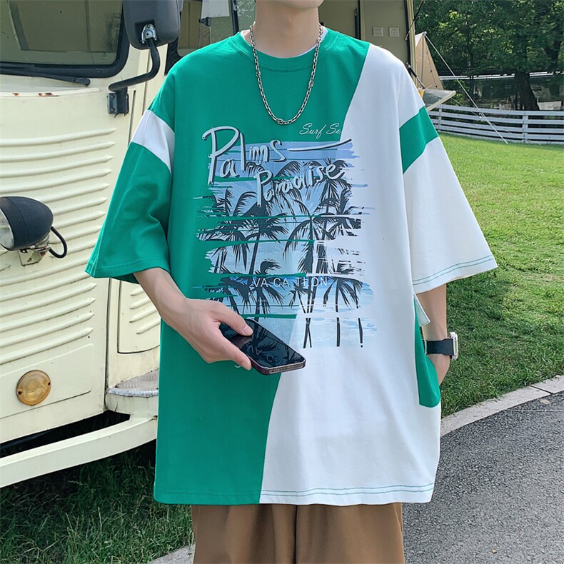 数据！设计感拼接撞色短T恤夏季宽松休闲男上衣XT228-P45控68,男装T恤,电商B370