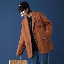 关于小熊的事胸针装饰复古西装宽松刺绣麂皮绒外套mj404-p100，女装西装，电商B288