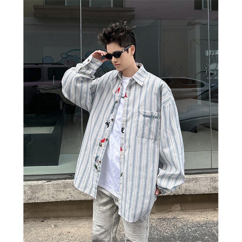 2025文艺感刺绣个性美式条纹长袖衬衫女宽松百搭衬衣CY1084-P43,男装衬衫,星座412-2