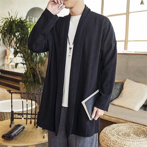 中国风秋款无扣风衣纯色落肩袖开衫长袖亚麻外套无扣汉服D254P75图片