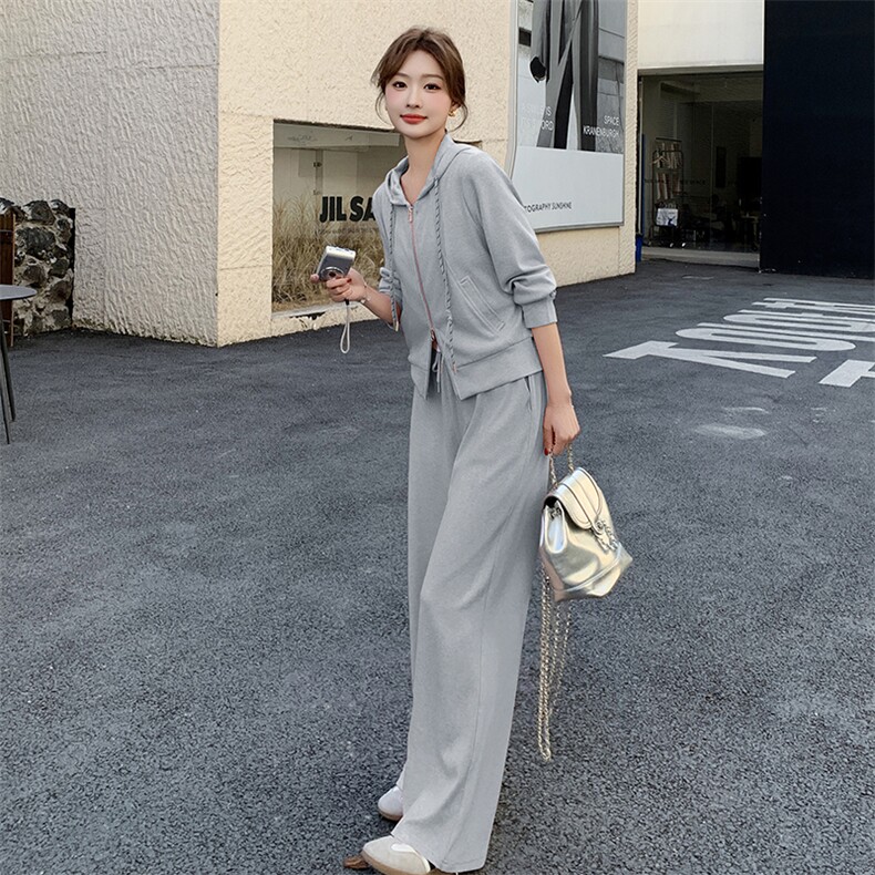 粉色慵懒风连帽休闲卫衣套装女春季2025年新款减龄阔腿长裤两件套,女装套装/套裙,蝶眷