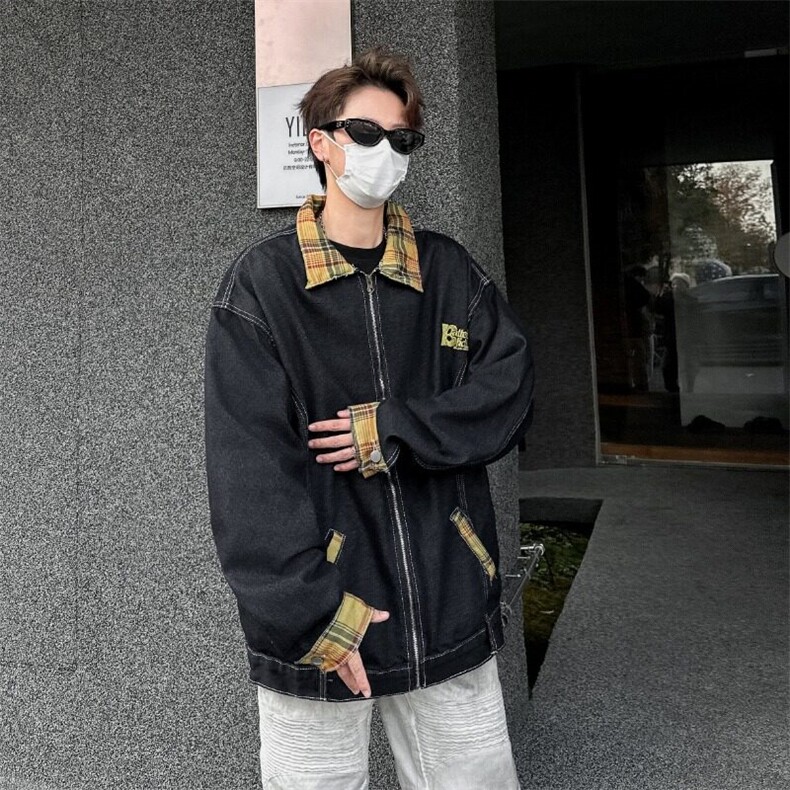 JH085-P68美式格子拼接牛仔外套男春秋季2025新款设计感夹克上衣,男装夹克,电商C233