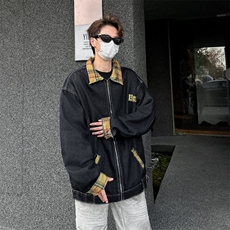 JH085-P68美式格子拼接牛仔外套男春秋季2025新款设计感夹克上衣，男装夹克，电商C233