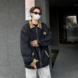 JH085-P68 美式格子拼接牛仔外套男春秋季2025新款设计感夹克上衣图片