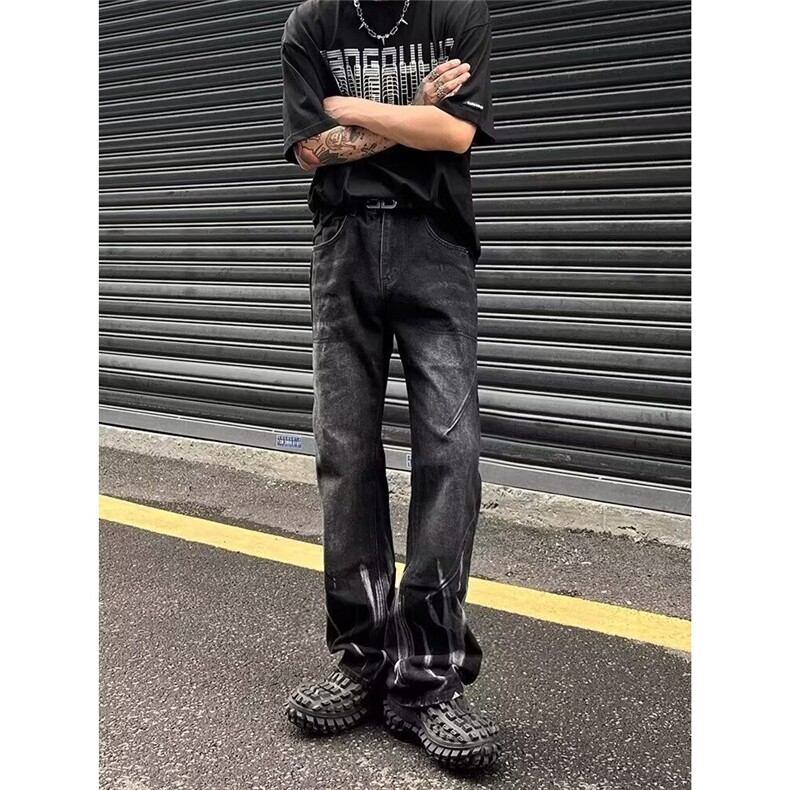 美式裤子高街扎染黑色渐变牛仔裤男款宽松显瘦直筒设计感小众长裤,男装牛仔裤,星座506A