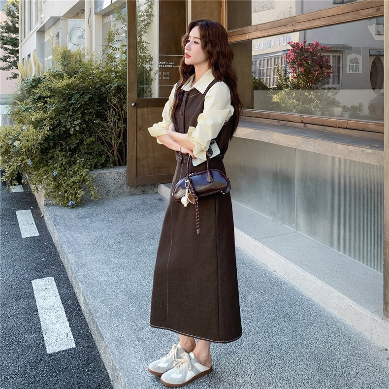 时尚咖色氛围感套装女2025秋季高级感单排扣马甲衬衫半身裙三件套,女装套装/套裙,2C212