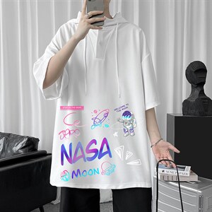 LD54186-P45 NASA联名同款连帽短袖t恤男大码胖子带帽五分袖中袖图片