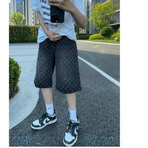 美式复古满印提花牛仔短裤男款夏季潮牌裤子痞帅五分裤XA077图片
