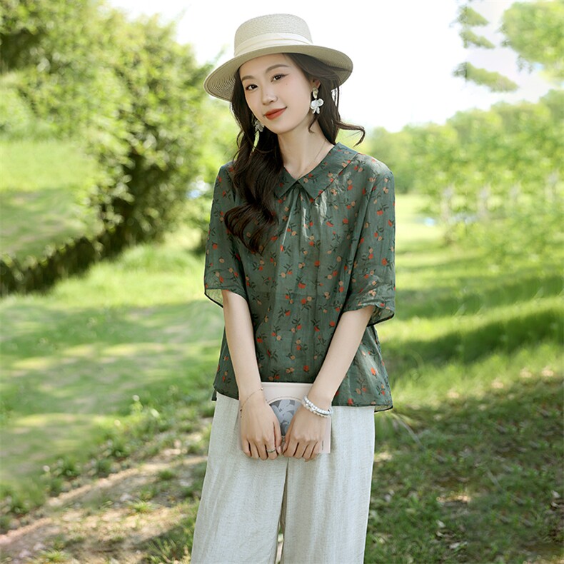 2025夏季新款碎花小衫复古宽松短袖女娃娃领上衣高级感减龄衬衫潮,女装衬衫,凝聚力