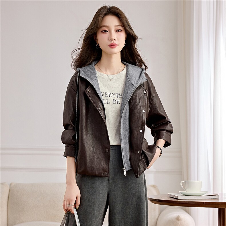 B款海宁皮衣女款B款2026年新款洋气休闲宽松春秋连帽皮夹克外套,女装皮衣,潮流依族