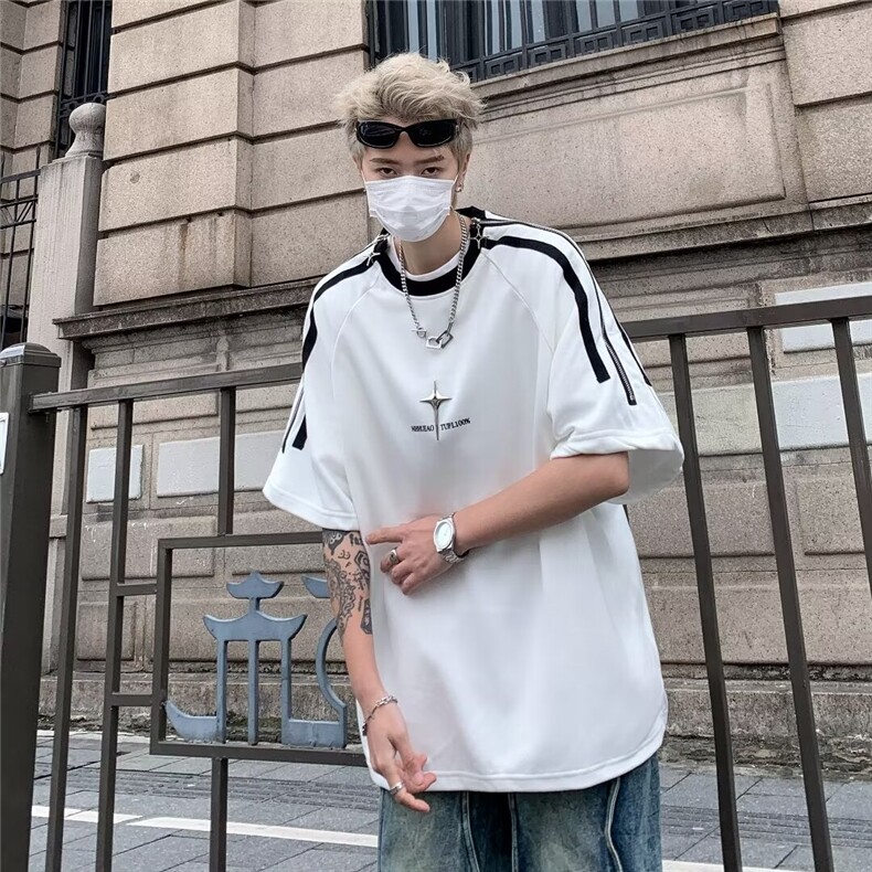 重磅条纹拉链t恤男小众设计感正肩短袖oversize高街美式半袖,男装T恤,星座601-2