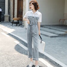 2026夏装新款时尚休闲高腰衬衫牛仔拼接连体裤长裤（配腰带），女装连体裤，印象茜