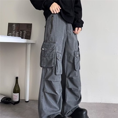 美式复古褶皱降落伞兵工装裤直筒宽松阔腿显瘦慵懒微喇裤子，男装工装外套，星座716-4