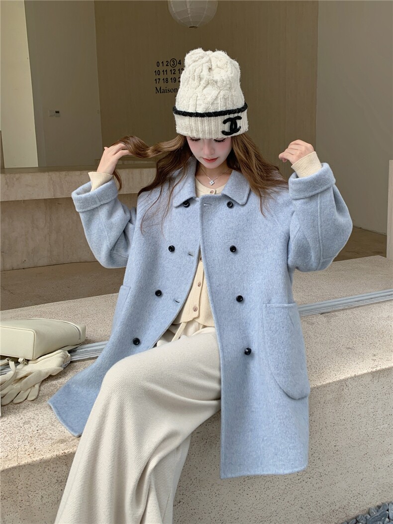 蓝色双面羊毛大衣女中长款秋冬新款韩系小个子学院风减龄毛呢外套,女装双面呢大衣,网红馆