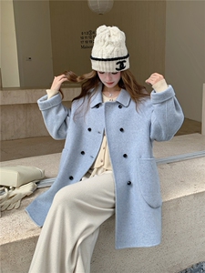 蓝色双面羊毛大衣女中长款秋冬新款韩系小个子学院风减龄毛呢外套图片