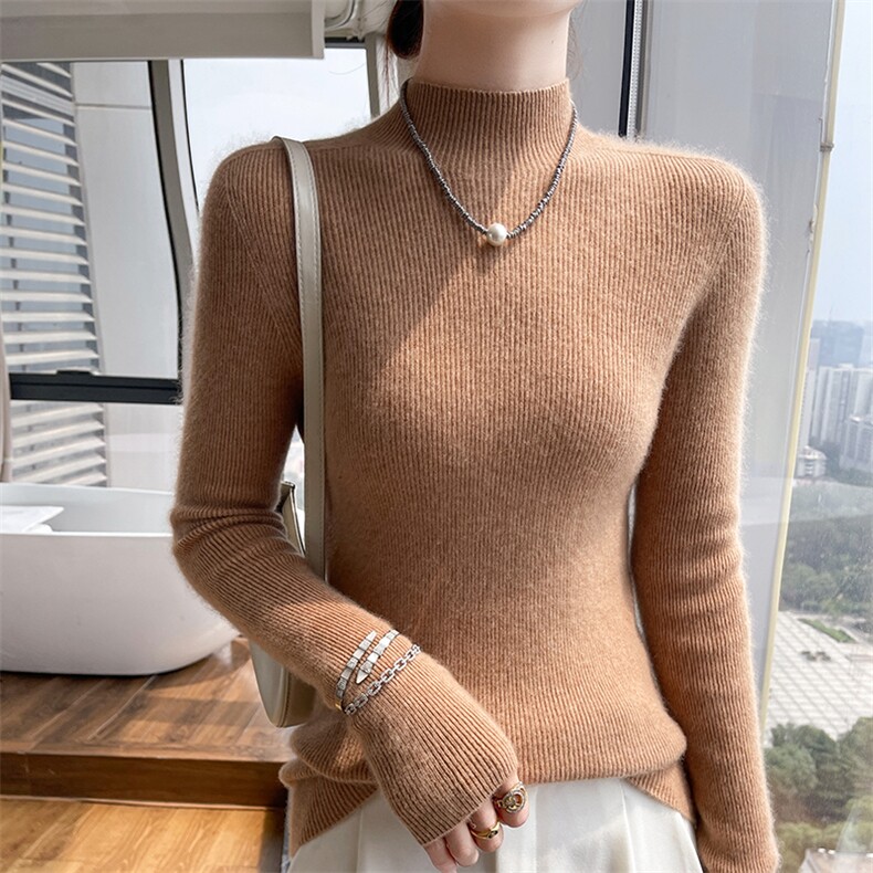 澳洲羊毛衫女套头半高领毛衣抽条修身洋气针织打底内搭,女装羊绒衫,美轩羊绒