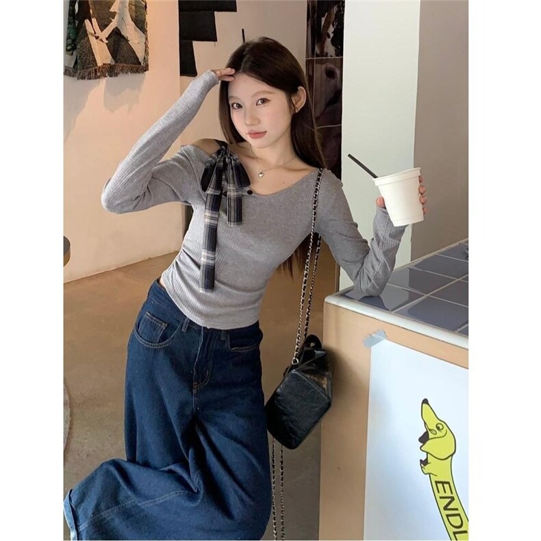 纯欲一字肩露锁骨长袖t恤女春秋不规则设计感修身显瘦针织打底衫,男装T恤,星座1210-1