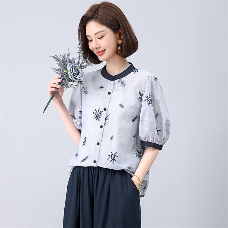 小个子纯棉刺绣小衫女夏季韩版休闲宽松年轻款妈妈薄款衬衫上衣潮,女装衬衫,江忆布依