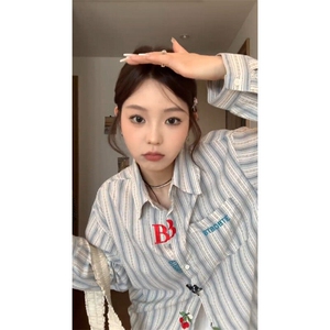 【有货】C3013CC-特P45 刺绣长袖条纹衬衫男女款休闲情侣衬衣图片