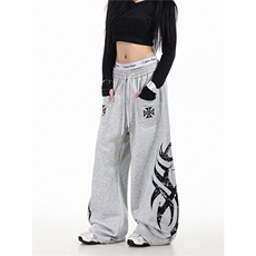 1506/QC180/P58美式街头印花阔腿宽松休闲厚棉裤灰色长裤高街风，男装棉裤，星座1506