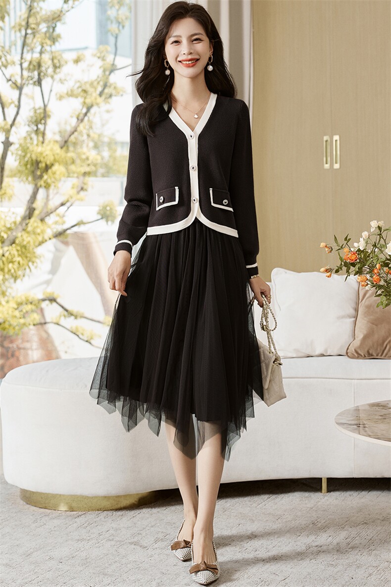 《现货新品》气质V领针织开衫网纱连衣裙两件套套裙,女装套装/套裙,魅丽静蓝