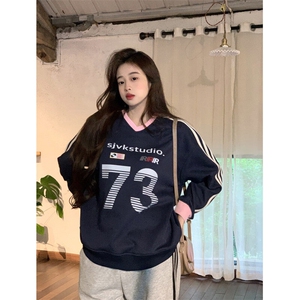 EE141-P60卫衣男女情侣装春秋薄款2024潮流设计感条纹V领韩版上衣