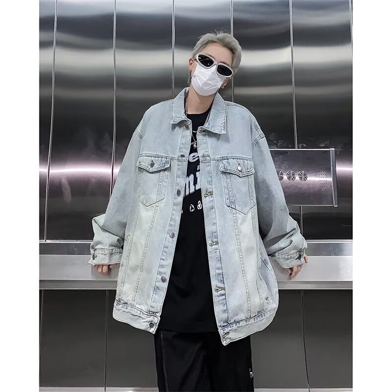 春秋季新款美式复古牛仔外套男士潮牌宽松水洗做旧翻领夹克图片