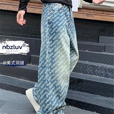 春秋季美式休闲痞帅提花满印牛仔裤男直筒百搭阔腿长裤AM7061P54，男装牛仔裤，星座1013-5