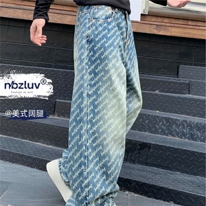春秋季美式休闲痞帅提花满印牛仔裤男直筒百搭阔腿长裤AM7061 P54图片