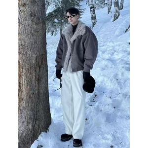 现货重磅硬挺boxy羽绒棉衣座山雕大毛毛领洗水麂皮棉服冬外套图片