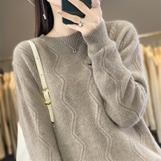 时尚百搭七针加厚圆领波浪花纹女羊毛衫显瘦保暖冬季必备，女装羊毛衫，九嘉羊绒