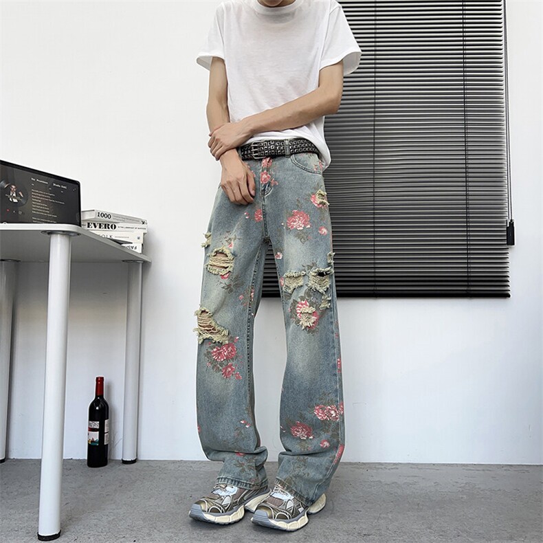 满印玫瑰花朵牛仔裤男款美式复古裤子慵懒风阔腿微喇裤NZ729-P48,男装牛仔裤,星座308B-1