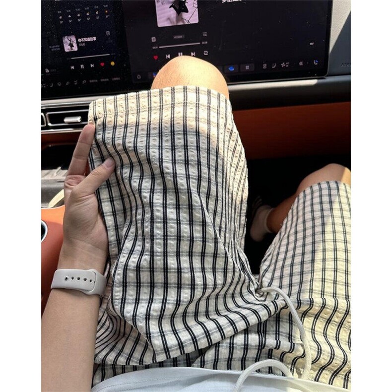格子条纹白色短裤男款阔腿宽松运动速干裤健身训练不过膝四五分裤图片