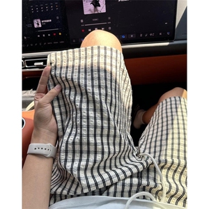格子条纹白色短裤男款阔腿宽松运动速干裤健身训练不过膝四五分裤图片