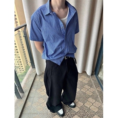 夏季美式复古格子男女短袖衬衫宽松百搭衬衣薄款半袖衫LC2177-p40，男装T恤，星座1008