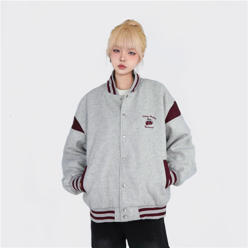 A525-P75美式樱桃刺绣棒球服外套春秋宽松休闲潮拼接夹克上衣,男装夹克,星座911