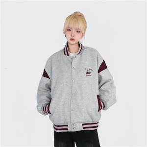 A525-P75 美式樱桃刺绣棒球服外套春秋宽松休闲潮拼接夹克上衣图片