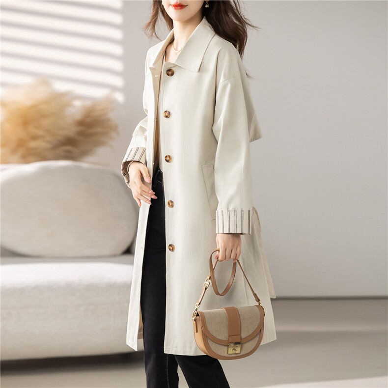 米白色气质中长款风衣外套女2025秋季新款时尚翻领休闲高级感大衣,女装风衣,慕咨