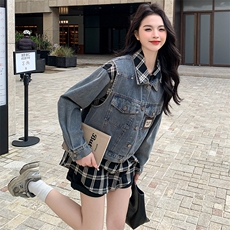 现货-黑白格衬衫+牛仔马甲两件套-款号9906-P145K198，女装套装/套裙，浙宝305