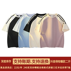 抖音得物品质二开240克宽松纯棉美式高街潮牌撞色织带短袖T恤，男装T恤，电商A486