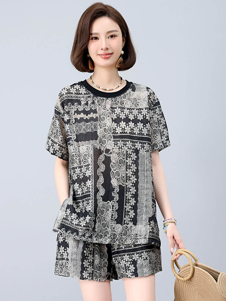 亚麻套装女2025年夏季新款时尚宽松中年妈妈大码棉麻短款两件套,女装套装/套裙,江忆布依