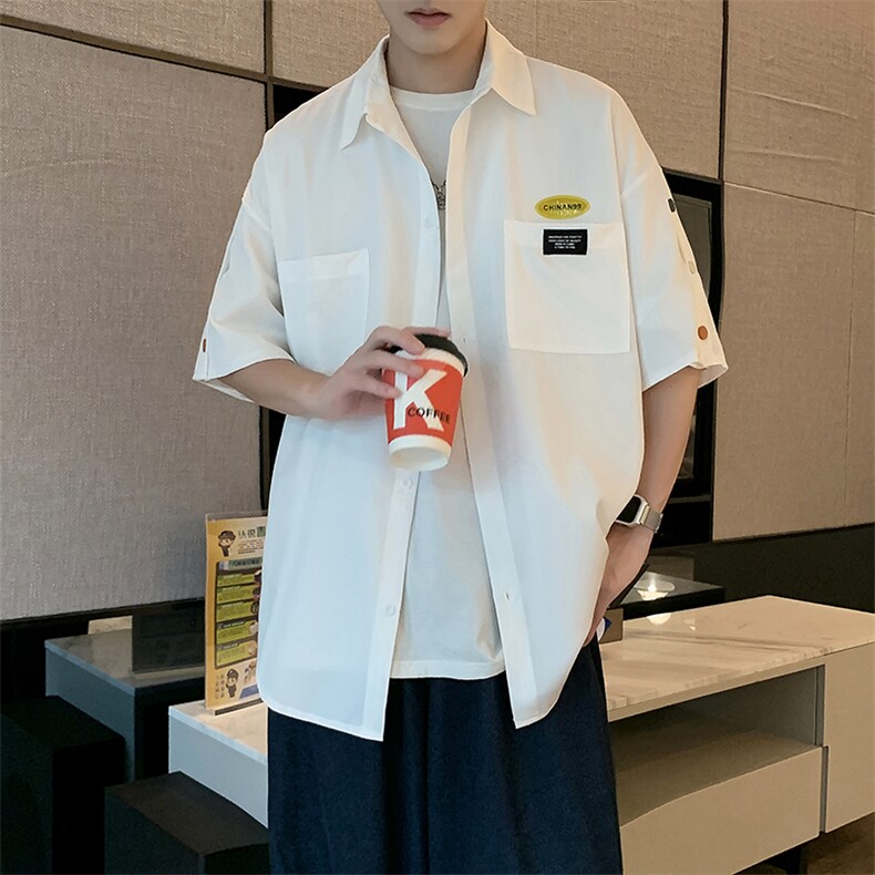 小众衬衫男短袖夏季薄款冰丝白衬衣休闲宽松七分袖外套W1131-P28,男装衬衫,星座512-2