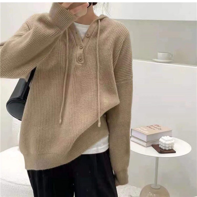 秋冬新款显瘦高级感保暖连帽针织衫时尚百搭宽松长袖毛衣外套,针织衫/毛衣,圣旺供货