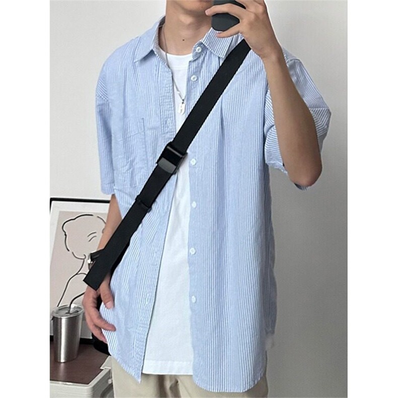网络图现货夏季复古学院风宽松休闲百搭条纹短袖衬衫JC14-P30,男装T恤,星座715-7