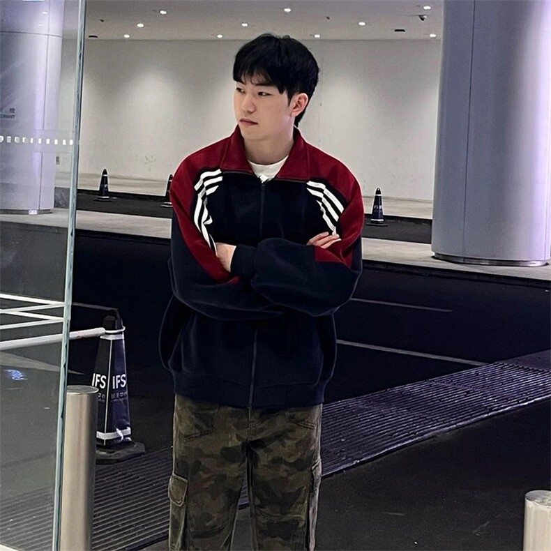 抖音得物高品质美式高街重磅结构织带拼接撞色立领卫衣外套CM41,女装短外套,电商A486-1