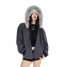 网图美式复古条纹毛领连帽卫衣外套女秋季休闲宽松开衫上衣特P79，女装短外套，电商C306-1