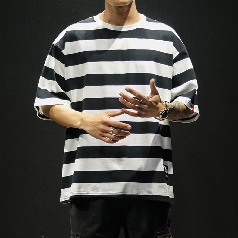 美式风条纹短袖T恤男女宽松圆领落肩袖潮流百搭上衣T232-特价P30图片