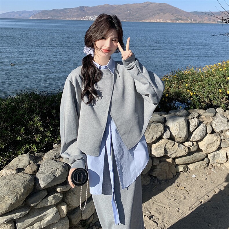 小众设计感黑色休闲套装女春季短款网红卫衣无袖衬衫半身裙三件套,女装套装/套裙,2C133