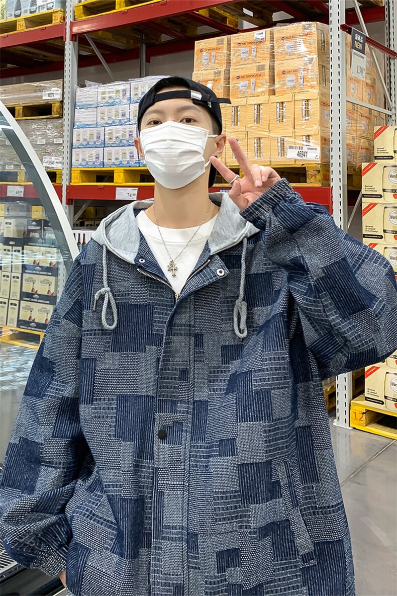 JK6007/P80秋装港风牛仔连帽格子夹克男大码外套上衣男,男装夹克,电商A141